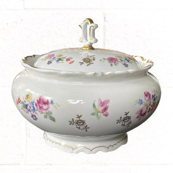 Reichenbach China Vintage Lidded Floral Bowl with Gold Trim - Picture 2 of 9